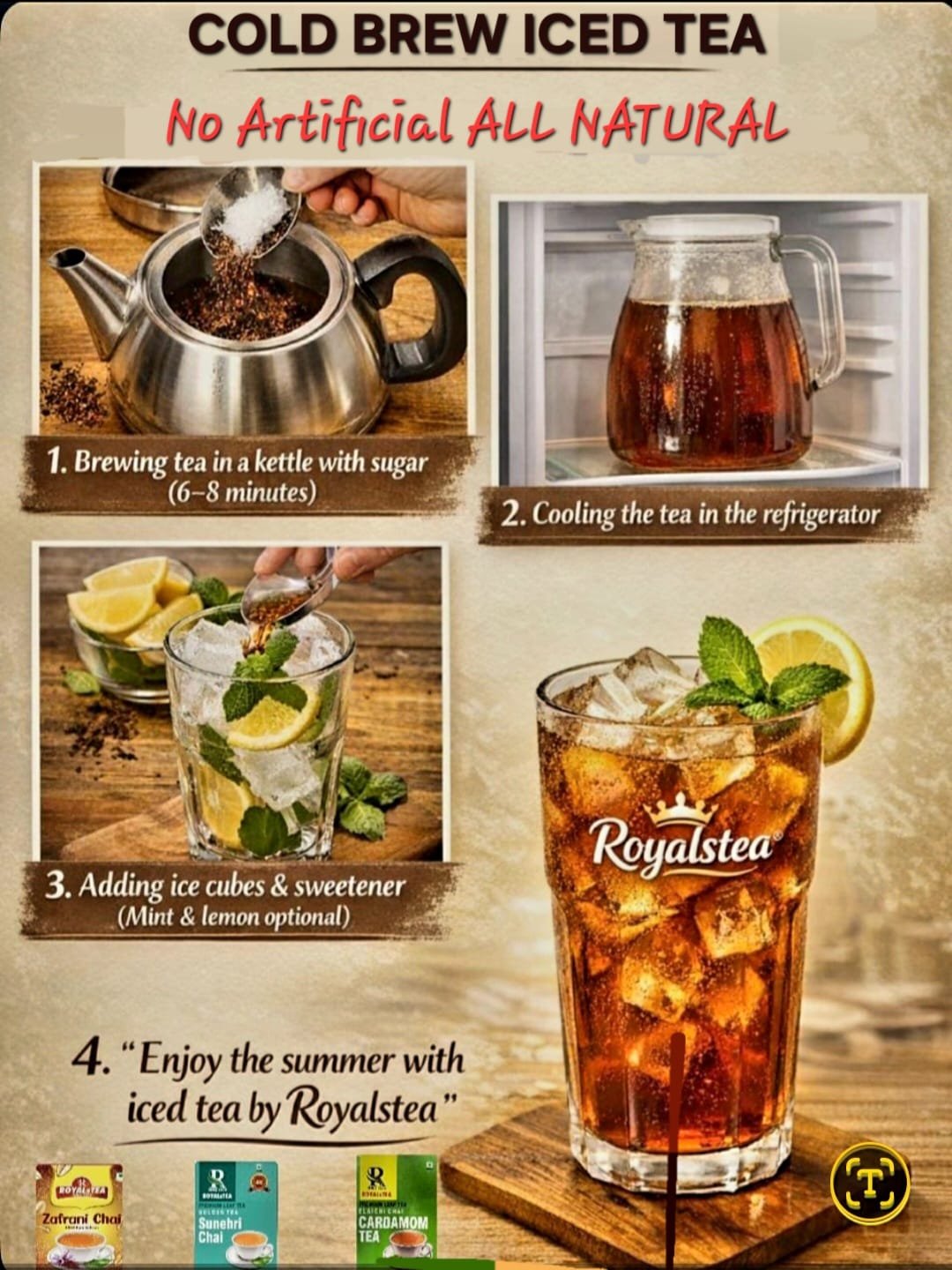 ROYALsTEA Iced Tea | Assam Blend | Classy Summer Drink | Refreshing Summer Drink | No Preservatives | Enriched with Vitamin C | Easy to Make |Elaichi,Regular & Kesar Flavour | 250 grms -ELAICHI CHAI/ SUNEHRI CHAI/ KESAR TEA COMBO PACK ICED TEA - Image 2